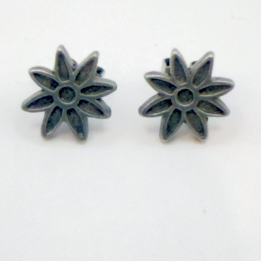 Vintage Silver-Tone Textured Starburst Flower Stud Earrings